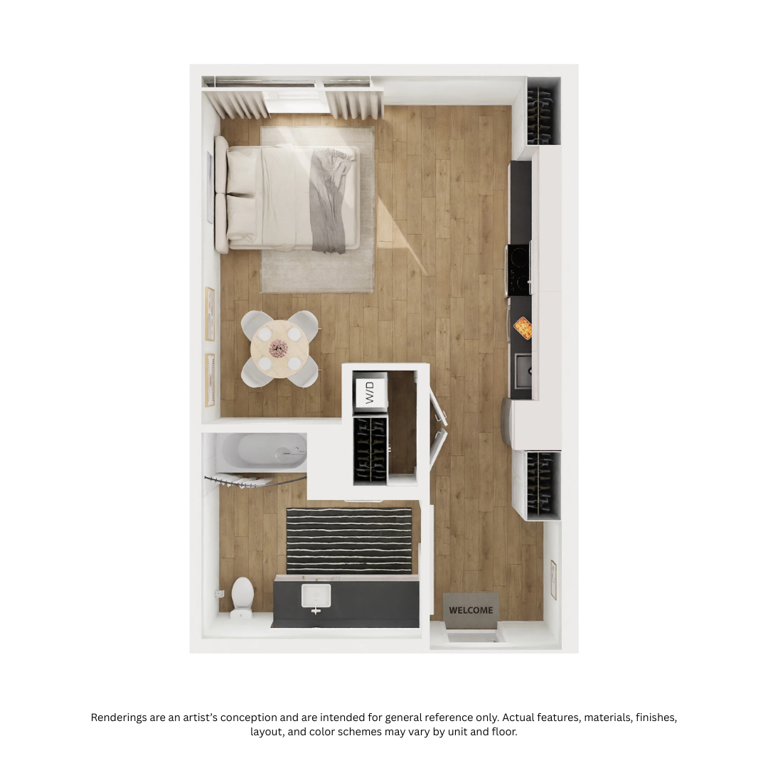Floor plan for studio, 1 bath, 509 sqft